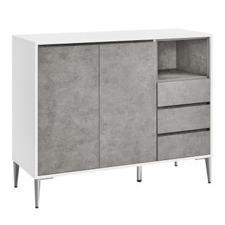 Buffet, Armoire De Rangement, Avec Porte Et Étagère Réglable En Hauteur, 3 Tiroirs, Gris Béton