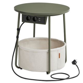 Table Basse Avec Multiprise, Table Ronde, Ports USB, Panier En Tissu, Vert Forêt Et Blanc Crème