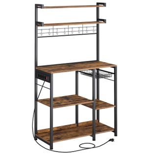 Étagère Cuisine Avec Prise De Courant, 4 Prises Ca, Étagères Réglables, Marron Rustique Et Noir