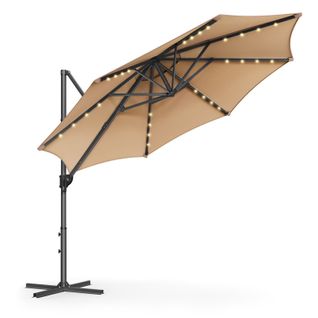 Parasol De Jardin 300 Cm, 28 LED Solaires, Pivotant à 360°, Inclinaison Fluide, Marron Chameau