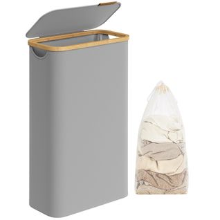 Panier à Linge Mince Avec Couvercle, 65l, Doublure En Maille Amovible, Pliable, Gris Tourterelle