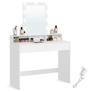 Coiffeuse, Miroir LED à Luminosité Réglable, 2 Tiroirs Et 3 Compartiments, Coin Beauté, Blanc
