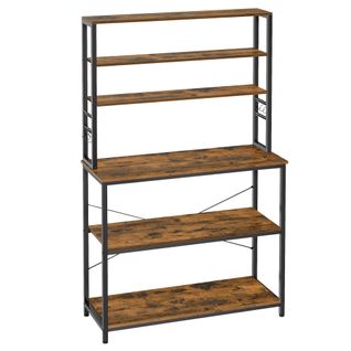 Étagère De Cuisine, 6 Étagères Et 6 Crochets, 40 X 100 X 167 Cm, Marron Rustique Et Noir