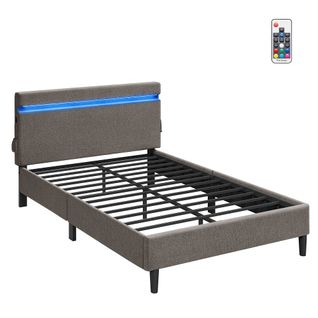 Lit 140 X 190 Cm, Lit Double En Métal, Cadre De Lit, Avec Tête De Lit, Éclairage LED, Gris Foncé