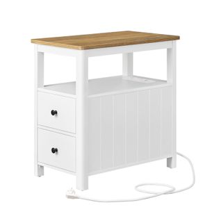 Table D’appoint Avec Multiprise, Petite Table Basse Avec Étagère De Rangement, Marron Chêne Et Blanc