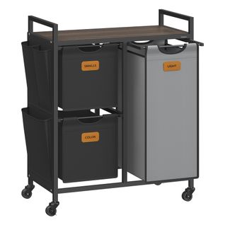 Panier à Linge, 3 Compartiments, 100 L, Roulettes, Marron Châtaigne, Noir D'encre Et Gris