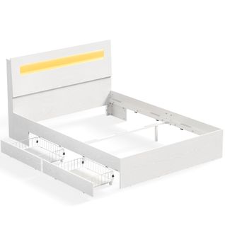 Lit Avec 2 Tiroirs Coulissants 140 X 190 Cm, Lit Double, Avec LED, Multiprise, Sans Sommier, Blanc