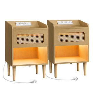 Table De Chevet Avec Multiprise, Lot De 2, Avec Lumière à Détecteur De Mouvement, Beige Chêne