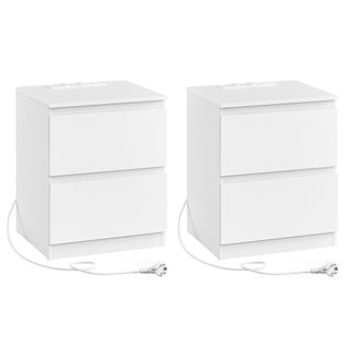 Lot De 2 Table De Chevet Avec Multiprise, 2 Tiroirs, 2 Prises Ca, 2 Ports USB-a, Blanc