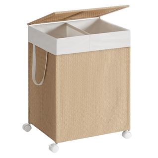 Panier à Linge 2 Compartiments, Corbeille 100 L, Trieur Sur Roulettes, Couvercle, Imitation Osier