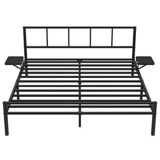 Lit Double, Cadre De Lit En Métal Avec Étagères De Rangement, Tête De Lit, 160 X 200 Cm, Noir