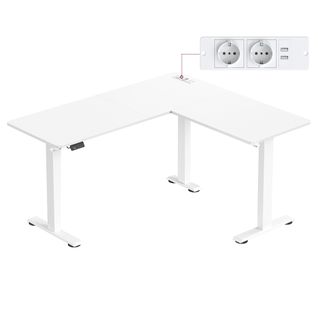 Table D’angle En L, 140 X 160 Cm, Avec Multiprise, 2 Hauteurs, Blanc Nuage Et Blanc Mat