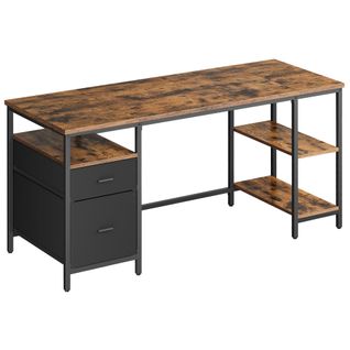 Bureau D’ordinateur, 3 Étagères, 2 Tiroirs, 60 X 160 X 76 Cm, Marron Rustique Et Noir Mat