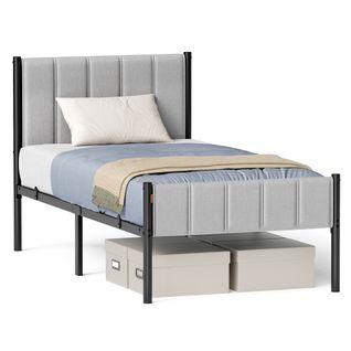 Cadre De Lit Simple, 90 X 190 Cm, Avec Tête De Lit Rembourrée, Supporte Jusqu'à 250 Kg, Gris