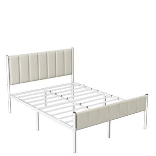 Cadre De Lit Double, 140 X 190 Cm, Avec Tête De Lit Rembourrée, Supporte Jusqu'à 500 Kg, Beige