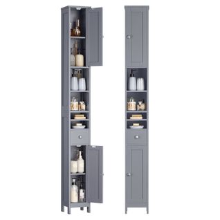 Colonne De Salle De Bain Haute, Avec Étagères Réglables, Tiroir, Compartiments Ouverts, Gris
