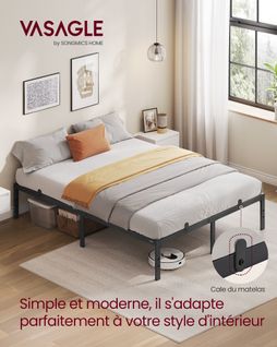 Cadre De Lit Double, 140 X 190 Cm, Cadre En Métal, Espace De Rangement Au Dessous