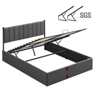 Cadre De Lit, 160 X 200 Cm, Sommier Relevable, Avec Rangement, Tête De Lit, Gris Foncé