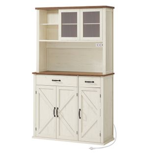 Buffet De Cuisine Avec Lumières Et Chargeur, 39,5 X 106,5 X 180,6 Cm, Blanc Rustique Et Marron Miel