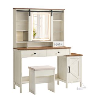 Coiffeuse Avec Miroir Et Éclairage, Avec Tabouret, Multiprise, 2 Tiroirs, Blanc Et Marron