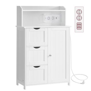 Meuble De Salle De Bain, Avec Multiprise, 3 Tiroirs, 1 Porte, 2 Étagères Réglables, Blanc Nuage