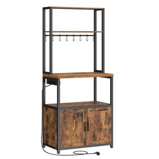 Étagère De Cuisine Avec Multiprise, 8 Crochets, 40 X 60 X 170 Cm, Marron Rustique Et Noir D'encre