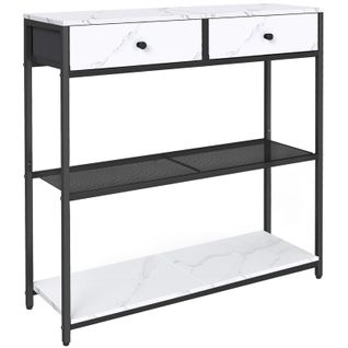 Table Console, Avec 2 Tiroirs En Tissu, 24 X 76 X 80 Cm, Pour Entrée, Salon, Blanc Marbré Et Noir