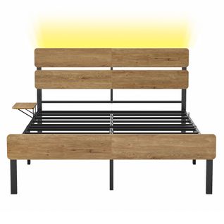 Cadre De Lit 140 X 190, Lit 2 Personnes, Éclairage LED, Port USB Et Type-c,  Marron Naturel