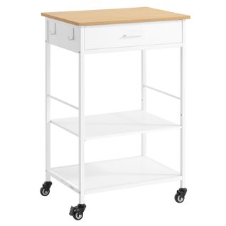 Desserte De Cuisine à Roulettes, 45 X 60 X 90 Cm, Avec Tiroir, 2 Crochets, Beige Chêne Et Blanc Mat