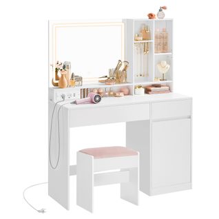 Coiffeuse Avec Tabouret, Avec Miroir Et Lumière, Prise De Courant, Largeur De 110 Cm, Blanc Et Rose