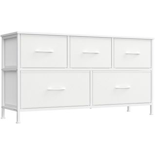 Commode 5 Tiroirs, Meuble De Rangement Pour Chambre, Acier, Panneau Mdf, Tissu Non-tissé,  Blanc