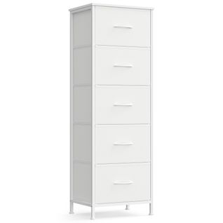 Commode 5 Tiroirs, Meuble De Rangement Pour Chambre, Acier, Panneau Mdf, Tissu Non-tissé,  Blanc