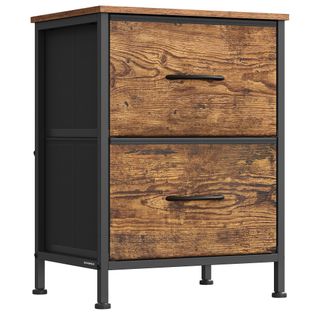 Table De Chevet Avec 2 Tiroirs En Tissu Non-tissé, Acier, Mdf,marron Rustique Et Noir D’encre