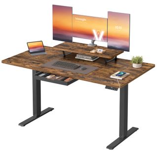 Bureau Électrique Réglable En Hauteur, 140 X 70 Cm, Port USB-c, Marron Rustique