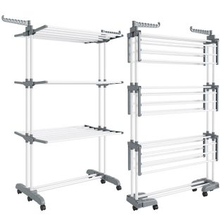 Séchoir Mobile à 4 Niveaux, Avec Roulettes, 63,5 X 125,5 X 173 Cm, Blanc Nuage Et Gris Tourterelle