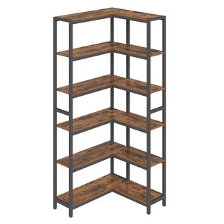 Étagère De Rangement à 6 Niveaux, Bibliothèque Moderne D’angle, Marron Et Noir