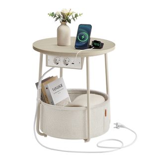 Table D’appoint Avec Panier En Tissu Et Multiprise, Rangement,style Moderne, Beige Et Blanc