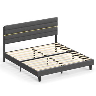 Lit Double, Convient Pour Un Matelas De 180 X 200 Cm, Tête De Lit Rembourrée Ajustable, Gris