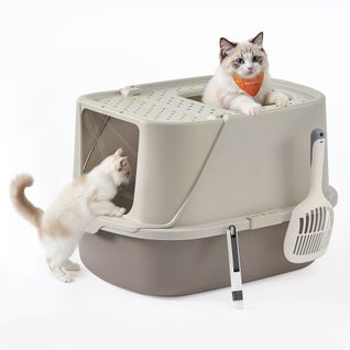 Grand Bac à Litière Pour Chat, Taille XXL,  Avec Pelle Et Brosse, Jusqu’à 15 Kg, Avoine Et Gris