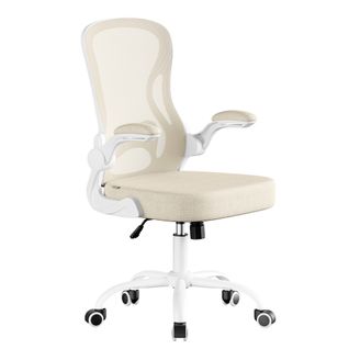 Fauteuil De Bureau Ergonomique Pivotante, Maille, Fonction Basculante, Rabattables, Beige Et Blanc
