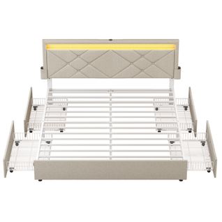 Lit Double, 140 X 190 Cm, Avec LED, 4 Tiroirs，tête De Lit Rembourrée Ajustable,beige