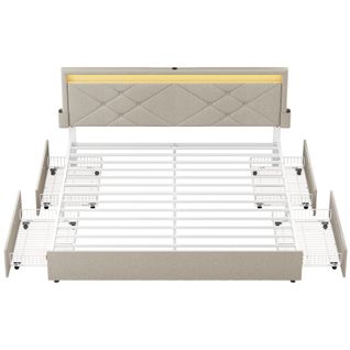 Lit Double, 160 X 200 Cm, Avec LED, En Métal,tête De Lit Rembourrée Ajustable, Beige