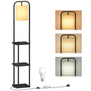 Lampadaire Sur Pied, Avec 3 Étagères, Ampoule LED Et Interrupteur, Abat-jour En Tissu, Noir