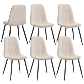 Chaises De Salle à Manger, Lot De 6, Pieds Réglables, Tissu Chenille, Pu Texturé Glacé, Blanc Crème