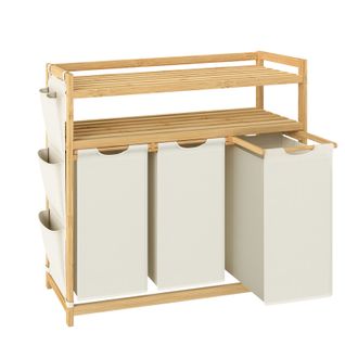 Panier à Linge, Avec 3 Compartiments, En Bambou, Avec Étagère, 3 X 50 L, 94 X 33 X 98 Cm, Blanc