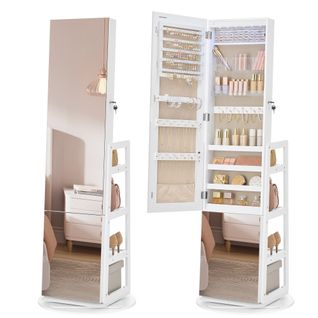 Armoire à Bijoux, Rangement à Bijoux, Miroir Intégral, 4 Étagères De Rangement,rotation à 360°,blanc
