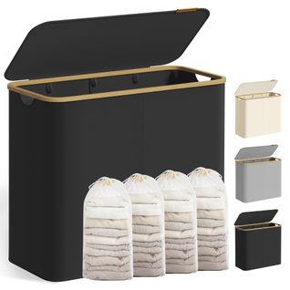 Panier à Linge Avec Couvercle à 4 Compartiments, 200 L, Sac Amovible, Poignées En Bambou, Pliable