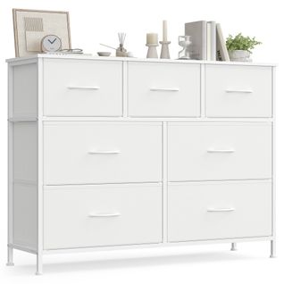 Commode 7 Tiroirs, Meuble De Rangement Pour Chambre, Acier, Panneau Mdf, Tissu Non-tissé,blanc