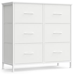 Commode 6 Tiroirs, Acier, Panneau Mdf, Tissu Non-tissé, Pour Couloir, Entrée, Chambre, Blanc