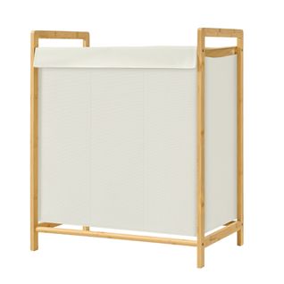 Panier à Linge Avec Couvercle, 3 Compartiments, Cadre En Bambou, Sac à Linge Amovible, 150 L, Crème